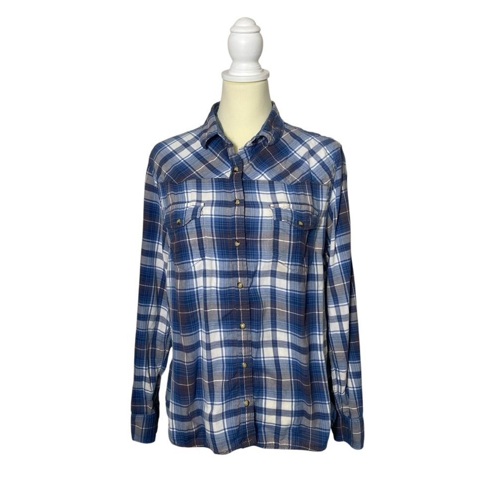 Jachs Girlfriend Blue Plaid Lightweight Flannel W/ Pearl Snap Buttons Women's LG